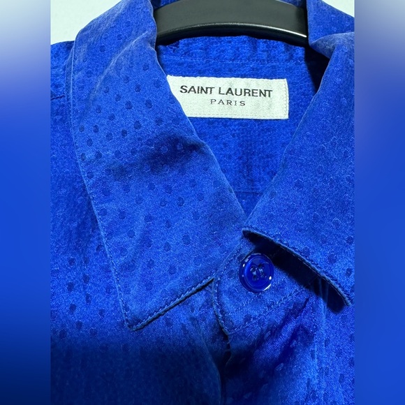 Saint Laurent Tonal Dot Silk Button Up in Royal Blue - Picture 7 of 16